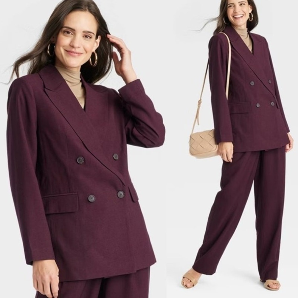 A New Day Notch Lapel Double Breasted Blazer Burgundy Women's XS Career Preppy